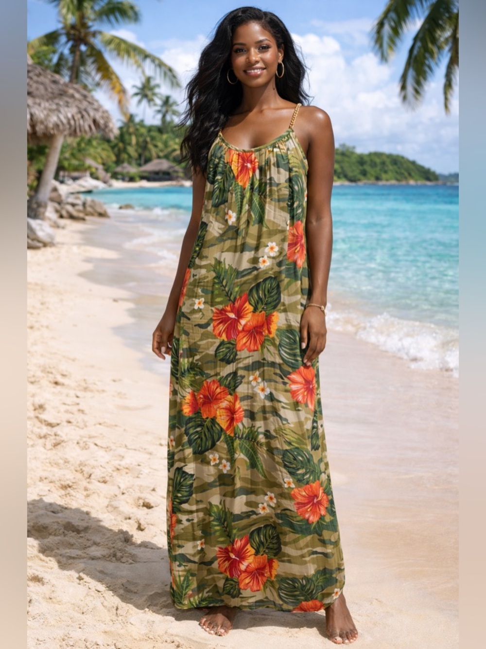 Green tropical tank cami dress size Large
